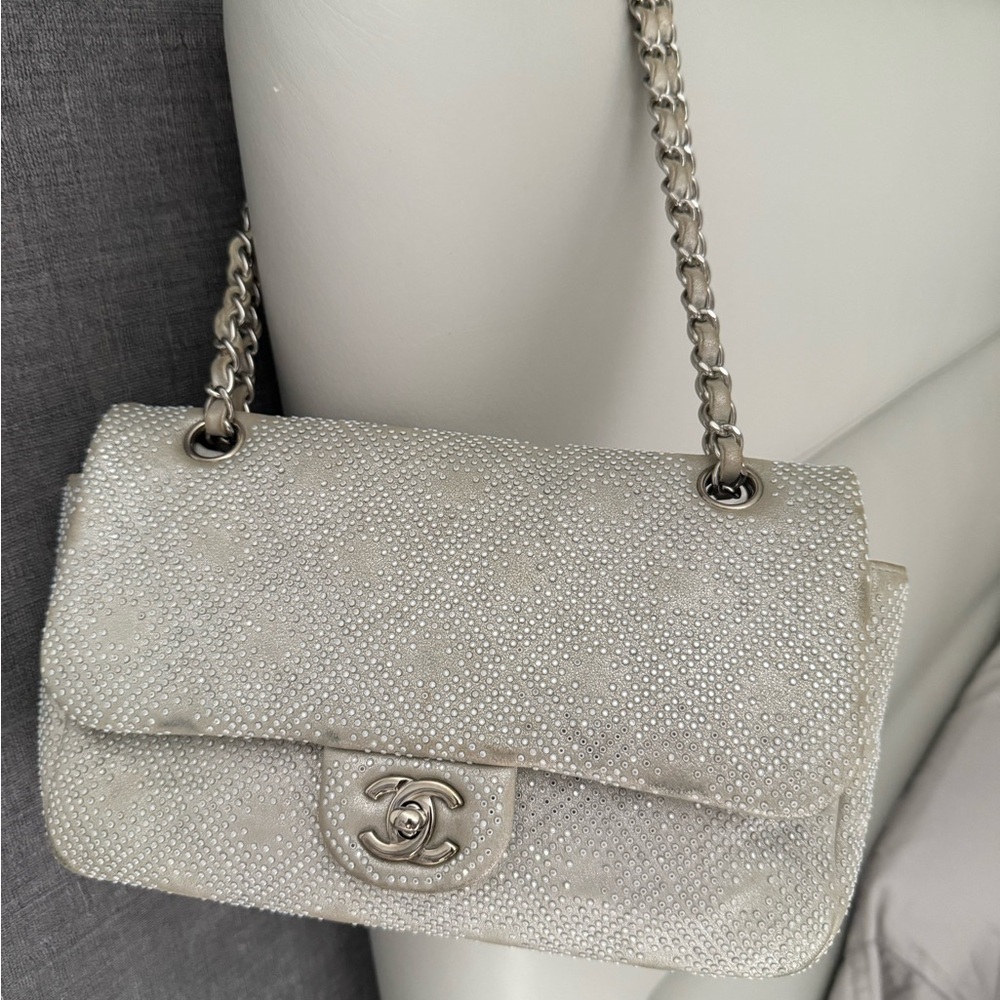 Chanel Silver Classic Shoulder Bag with Chain Strap